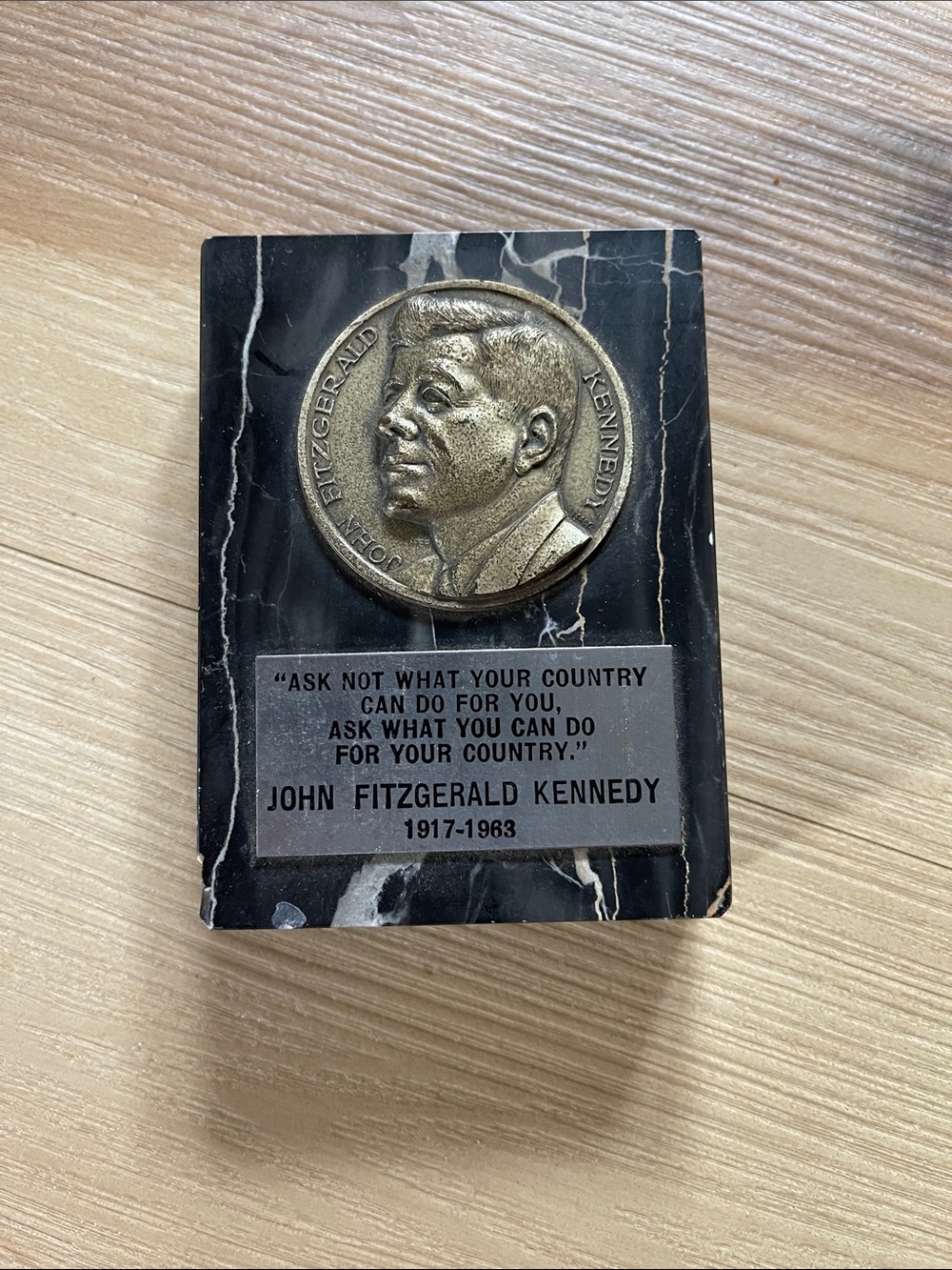 John F. Kennedy Marble Paperweight with Medal - Black Gold